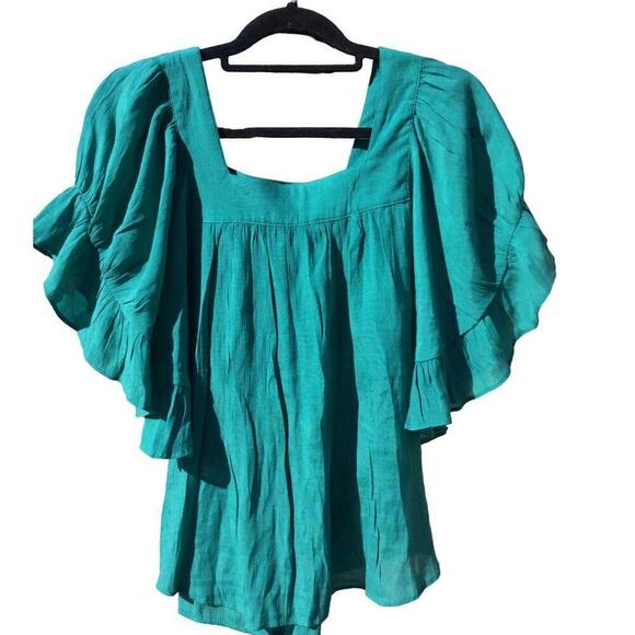 Zac & Rachel shirt womens M medium green flutter sleeve western bohemian festive - Picture 3 of 11